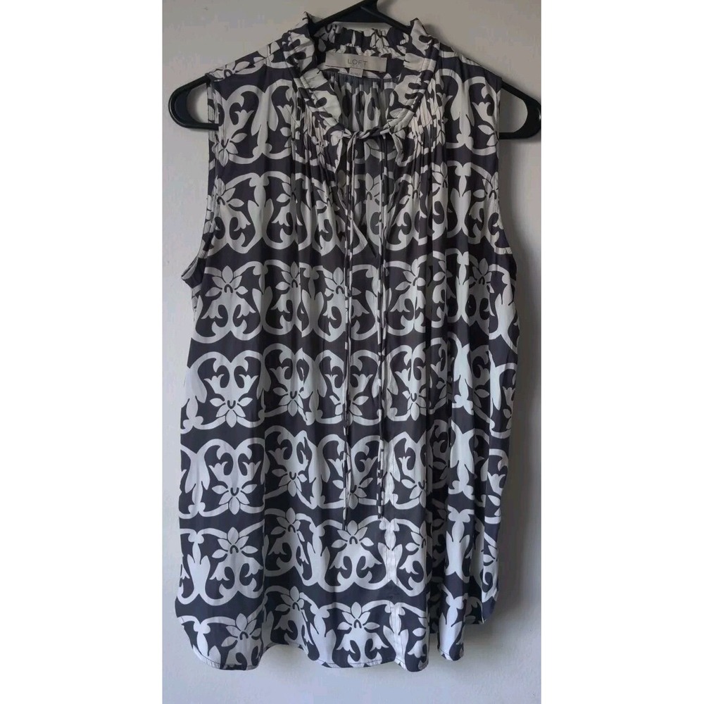 LOFT Sleeveless Keyhole Neck With Double Strings Top Black/Ivory Damask Size S‎